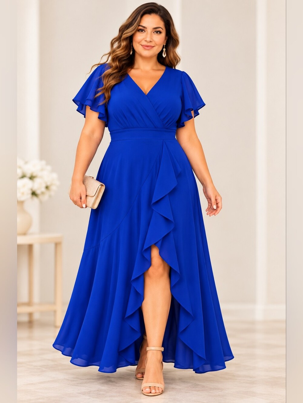 ZZV 2XL Royal Blue Ruffle Maxi Dress Flutter Sleeve Formal Wedding Guest
